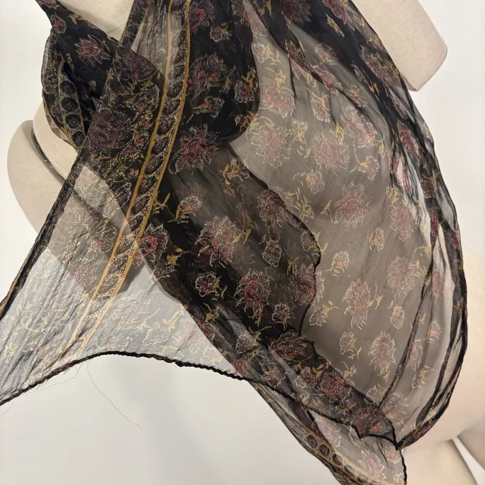 Sheer Scarf Black Floral Print Lightweight Long Rectangular Wrap Fairygrunge Y2K